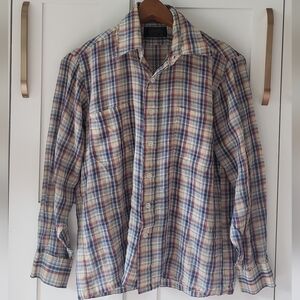 Plaid Button Down Shirt Mens M Navy Classic Fit No Iron Lightweight Paper Thin